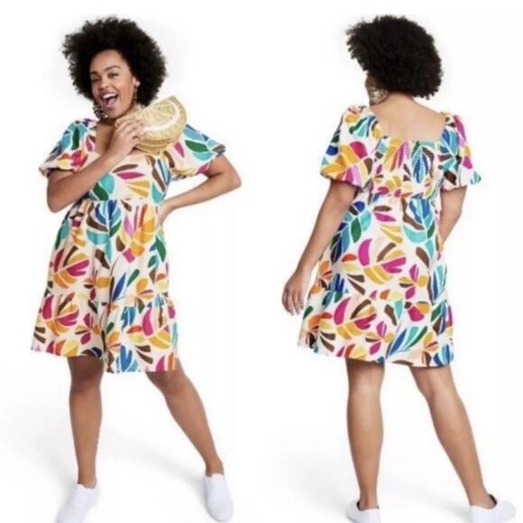 Tabitha Brown Linen Blend Botanical Smocked Puff Sleeve Tiered Dress Size Medium - Picture 5 of 14